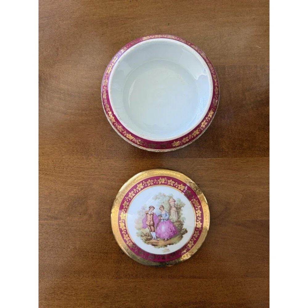 Antique French Limoges Fuchsia Pink Gold Porcelain‎ Vintage Dresser Trinket Box